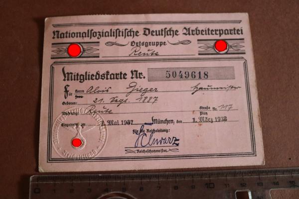 alte Mitgliedskarte NSDAP Nr. 5049618  München 1938